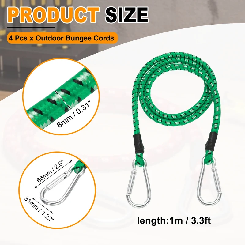 4 Pcs 3.3ft Elastic Bungee Cords with Carabiners Outdoor Bungee Cords Green
