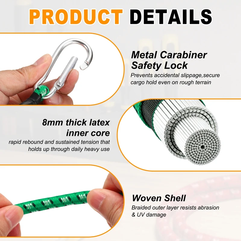 4 Pcs 3.3ft Elastic Bungee Cords with Carabiners Outdoor Bungee Cords Green