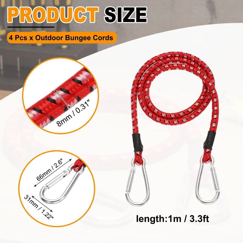 4 Pcs 3.3ft Elastic Bungee Cords with Carabiners Outdoor Bungee Cords Red