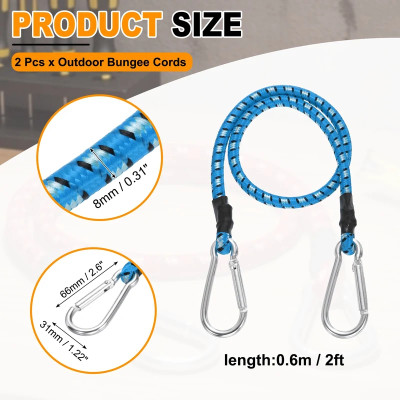 2 Pcs 2ft Elastic Bungee Cords with Carabiners Outdoor Bungee Cords Blue