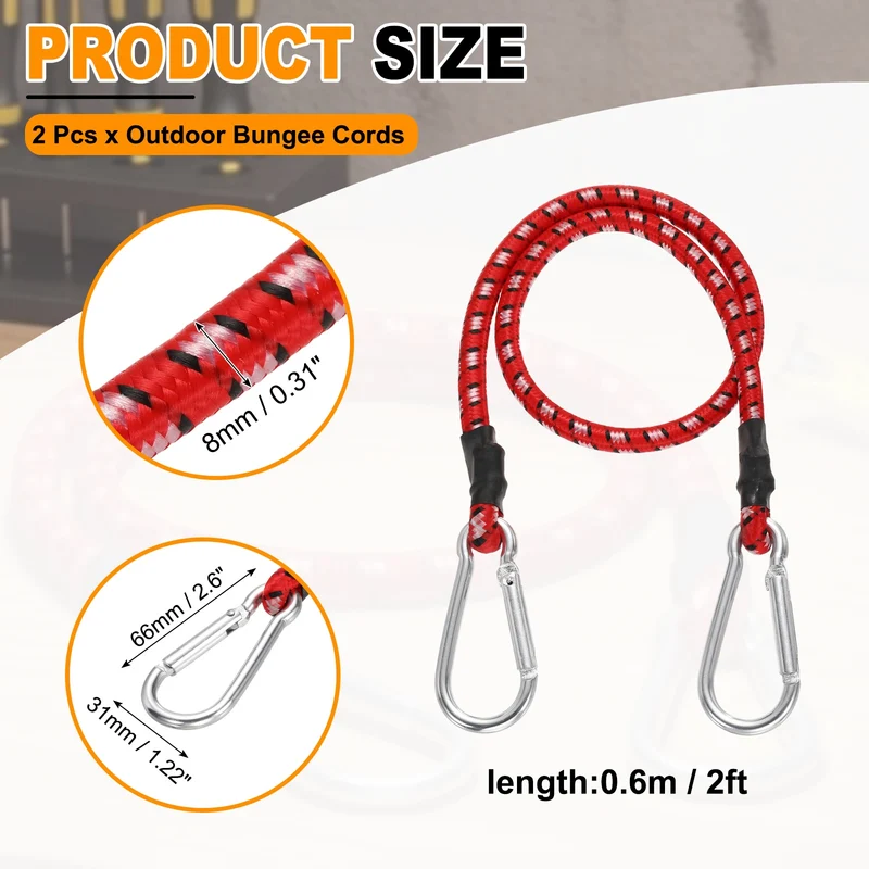 2 Pcs 2ft Elastic Bungee Cords with Carabiners Outdoor Bungee Cords Red