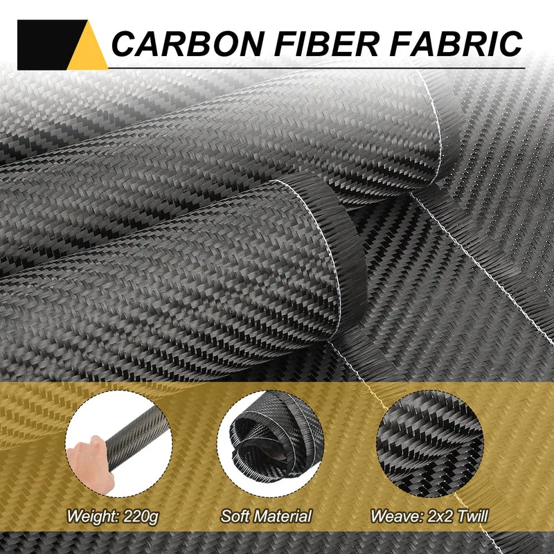 Carbon Fiber Fabric 3.28ft x 11.8" Sheet Roll 2x2 Twill Weave 3K 220g Black
