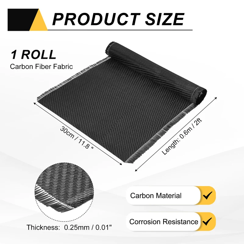 Carbon Fiber Fabric 2ft x 11.8" Cloth Sheet Roll 2x2 Twill Weave 3K 220g Black