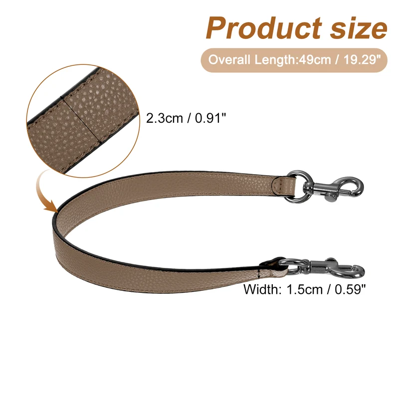 19.29 Inch PU Leather Short Bag Strap with Clasp, Dark Khaki, Grey Buckle