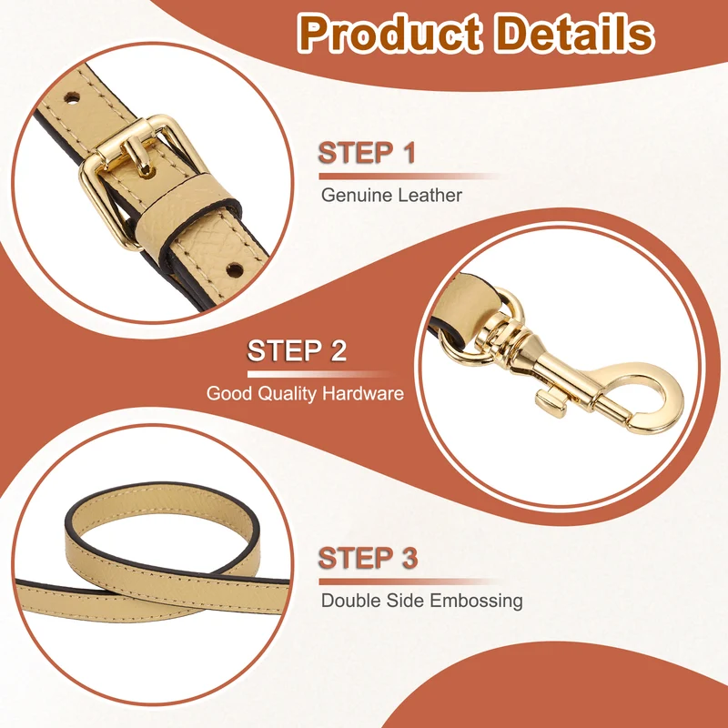 Leather Bag Strap, 37.4"-45.3" Crossbody Straps (Khaki, Gold Buckle)