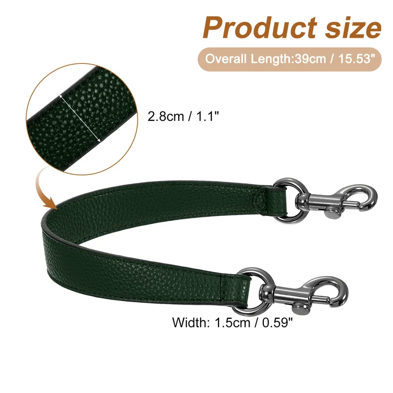 14.17 Inch PU Leather Short Bag Strap with Clasp, Dark Green, Grey Buckle