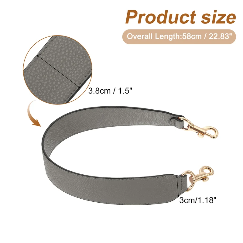 22.83" PU Leather Short Bag Strap with Clasp, Grey, Gold Buckle