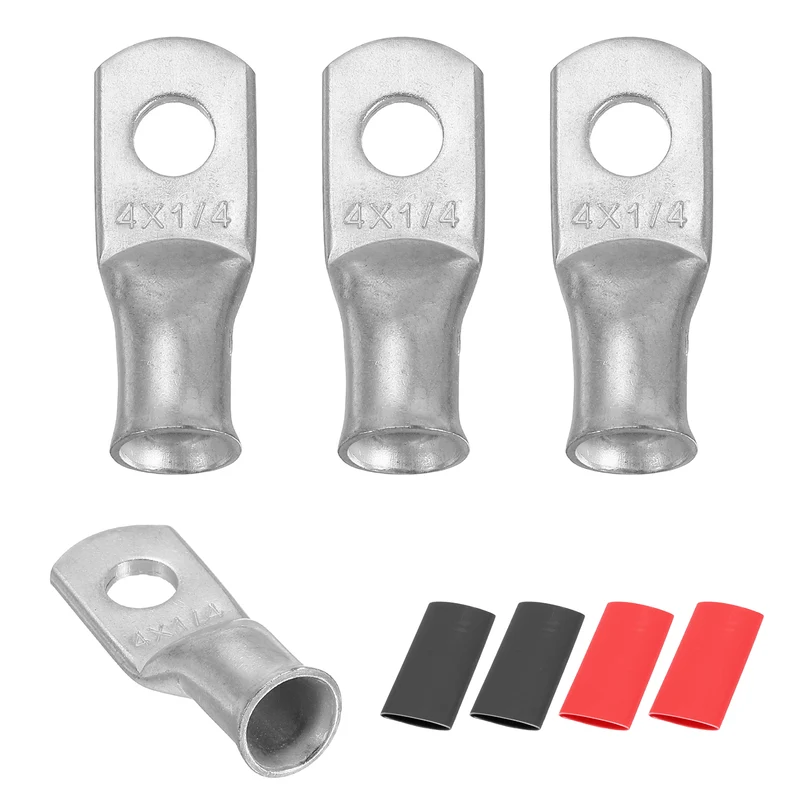 4 Pcs 1/4" Stud 4AWG Battery Lug Ring Terminal with 4pcs Heat Shrink, Silver
