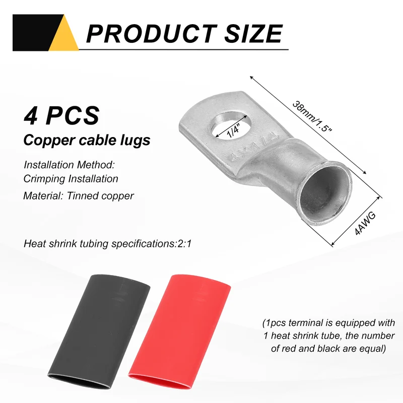 4 Pcs 1/4" Stud 4AWG Battery Lug Ring Terminal with 4pcs Heat Shrink, Silver