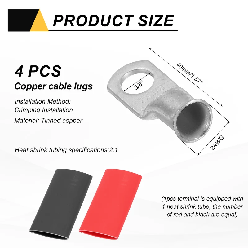 4 Pcs 3/8" Stud 2AWG Battery Lug Ring Terminal with 4pcs Heat Shrink, Silver