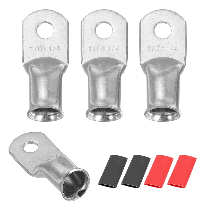4 Pcs 1/4" Stud 1/0AWG Battery Lug Ring Terminal with 4pcs Heat Shrink, Silver