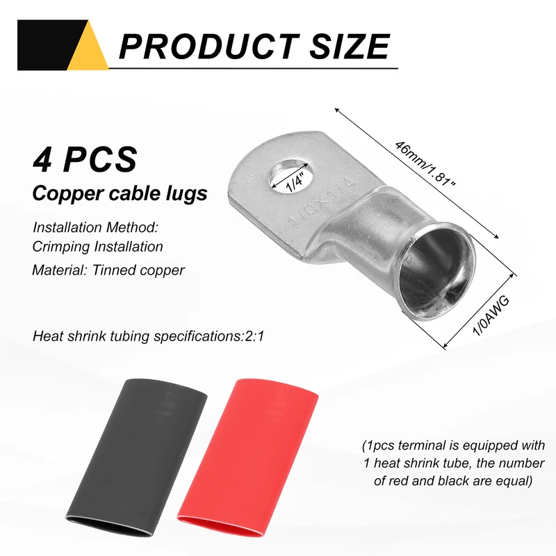 4 Pcs 1/4" Stud 1/0AWG Battery Lug Ring Terminal with 4pcs Heat Shrink, Silver