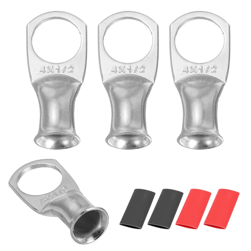 4 Pcs 1/2" Stud 4AWG Battery Lug Ring Terminal with 4pcs Heat Shrink, Silver