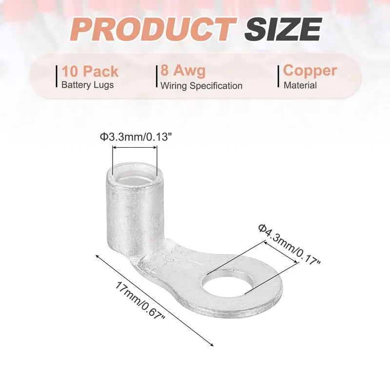 8 AWG - 3/16" Copper Wire Lugs, 90 Degree Bent Battery Lugs(Silver, 10Pcs)