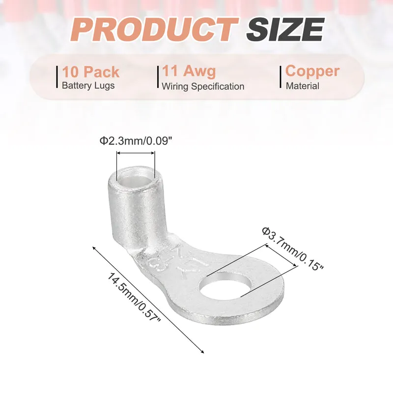 11 AWG - 1/8" Copper Wire Lugs, 90 Degree Bent Battery Lugs(Silver, 10Pcs)