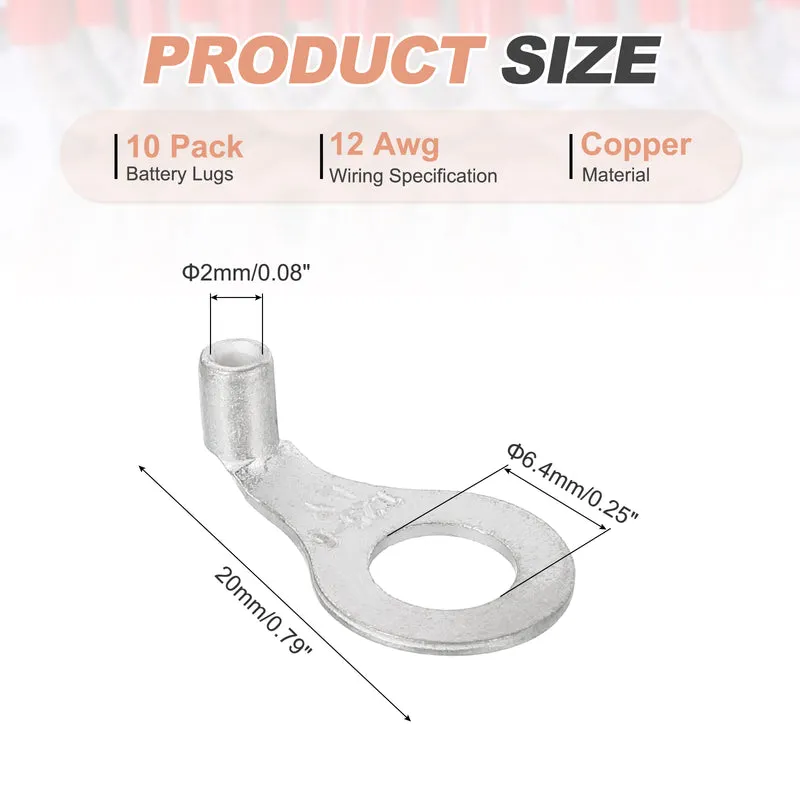 12 AWG - 1/4" Copper Wire Lugs, 90 Degree Bent Battery Lugs(Silver, 10Pcs)