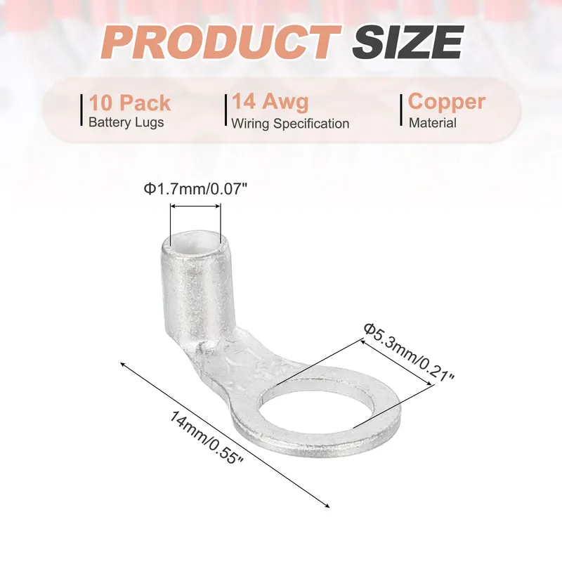 14 AWG - 3/16" Copper Wire Lugs, 90 Degree Bent Battery Lugs(Silver, 10Pcs)