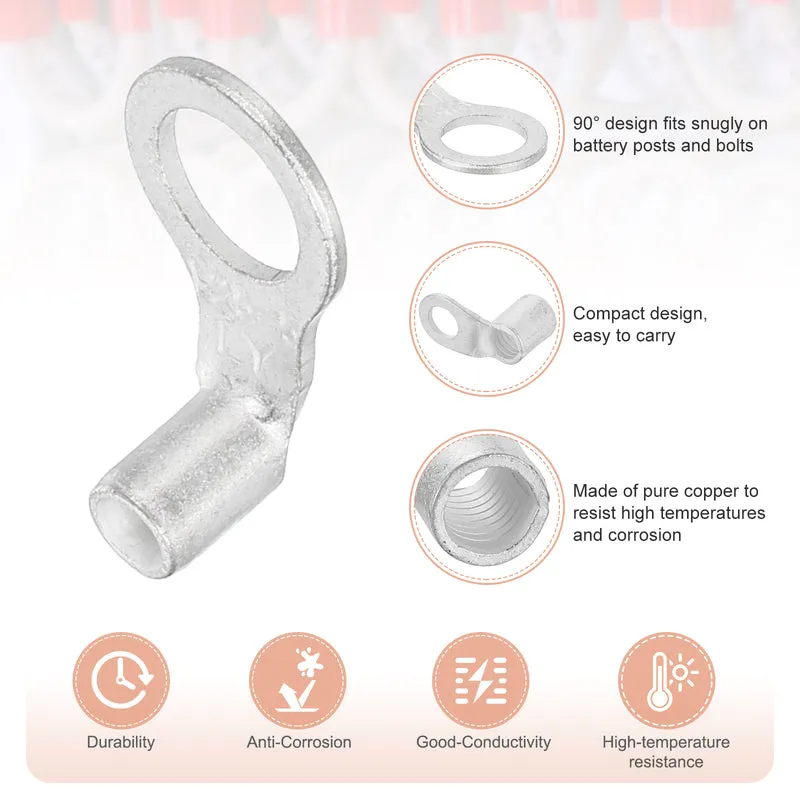 14 AWG - 3/16" Copper Wire Lugs, 90 Degree Bent Battery Lugs(Silver, 10Pcs)