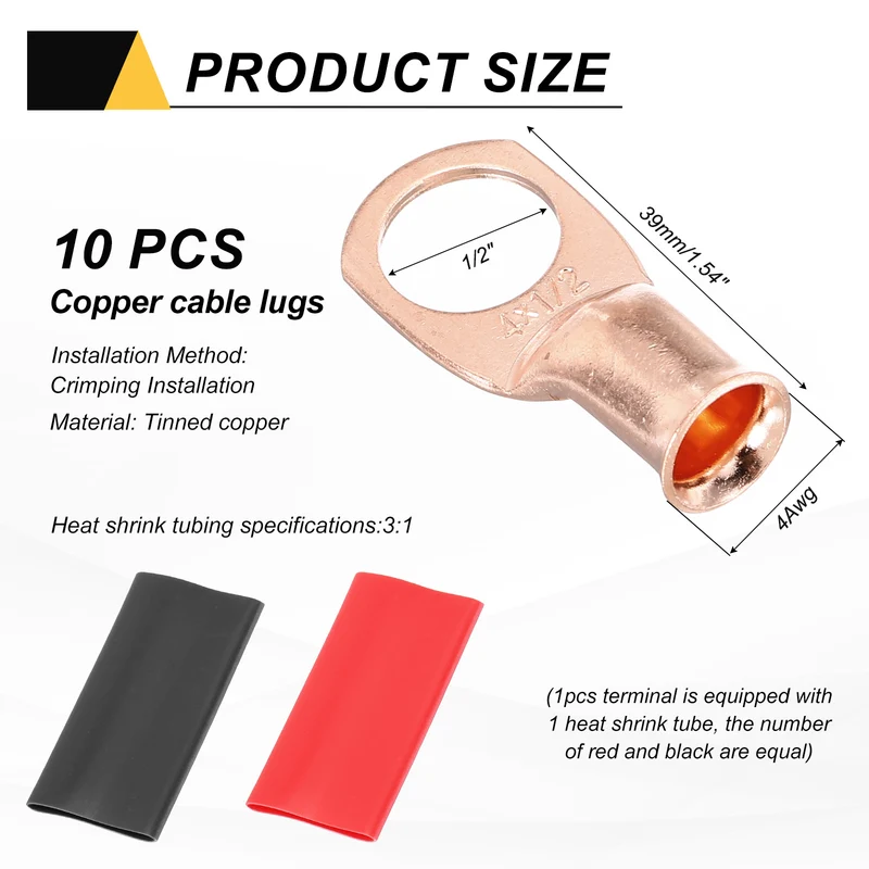 10 Pcs 1/2" Stud 4Awg Battery Cable End with 10 pcs 3:1 Heat Shrink