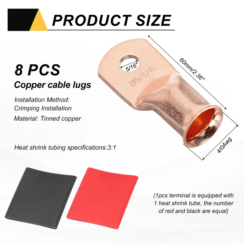 8 Pcs 5/16" Stud 4/0Awg Battery Cable End with 8 pcs 3:1 Heat Shrink