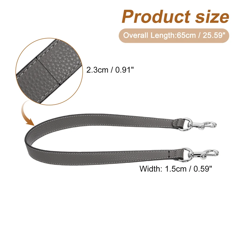 25.59 Inch PU Leather Short Bag Strap with Clasp, Grey, Silver Buckle