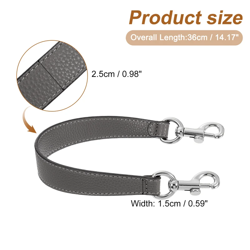 14.17 Inch PU Leather Short Bag Strap with Clasp, Grey, Silver Buckle