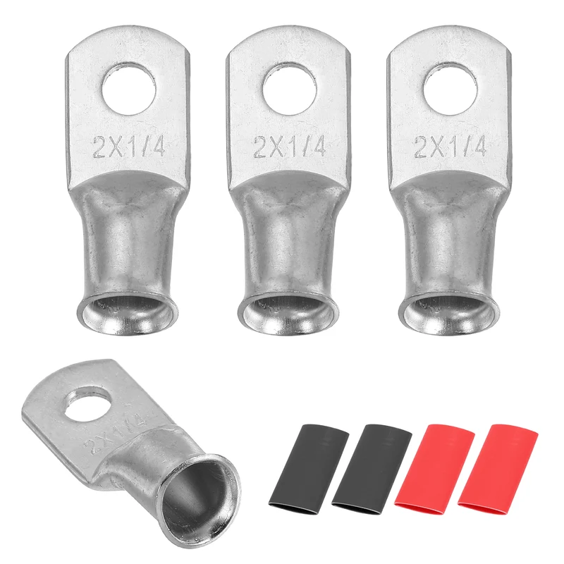 4 Pcs 1/4" Stud 2AWG Battery Lug Ring Terminal with 4pcs Heat Shrink, Silver