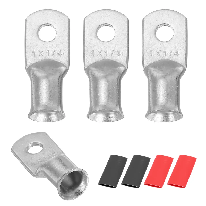 4 Pcs 1/4" Stud 1AWG Battery Lug Ring Terminal with 4pcs Heat Shrink, Silver