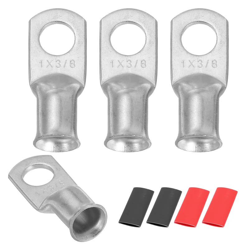 4 Pcs 3/8" Stud 1AWG Battery Lug Ring Terminal with 4pcs Heat Shrink, Silver