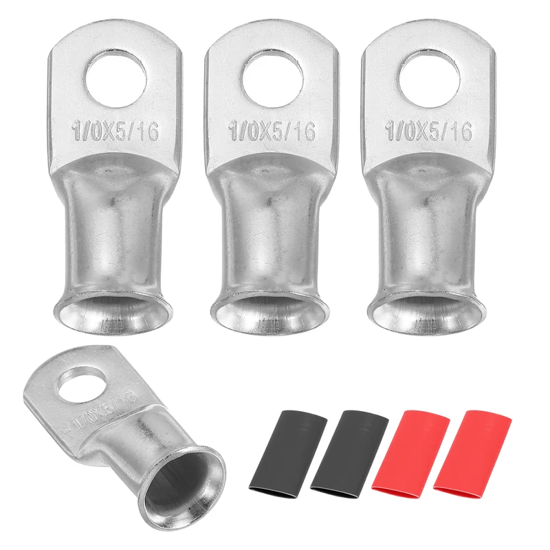 4 Pcs 5/16" Stud 1/0AWG Battery Lug Ring Terminal with 4pcs Heat Shrink, Silver