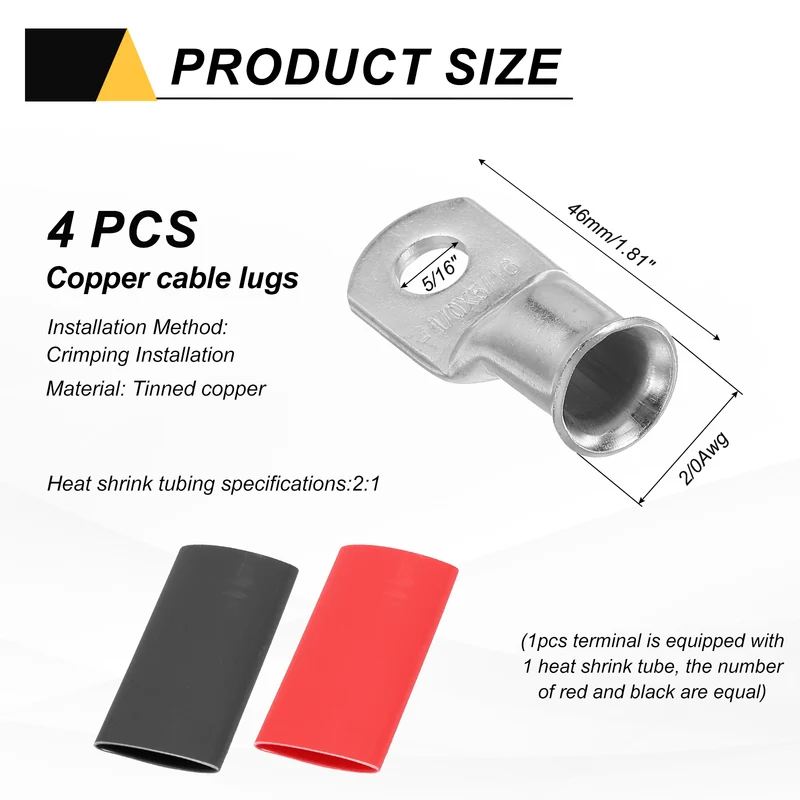 4 Pcs 5/16" Stud 1/0AWG Battery Lug Ring Terminal with 4pcs Heat Shrink, Silver