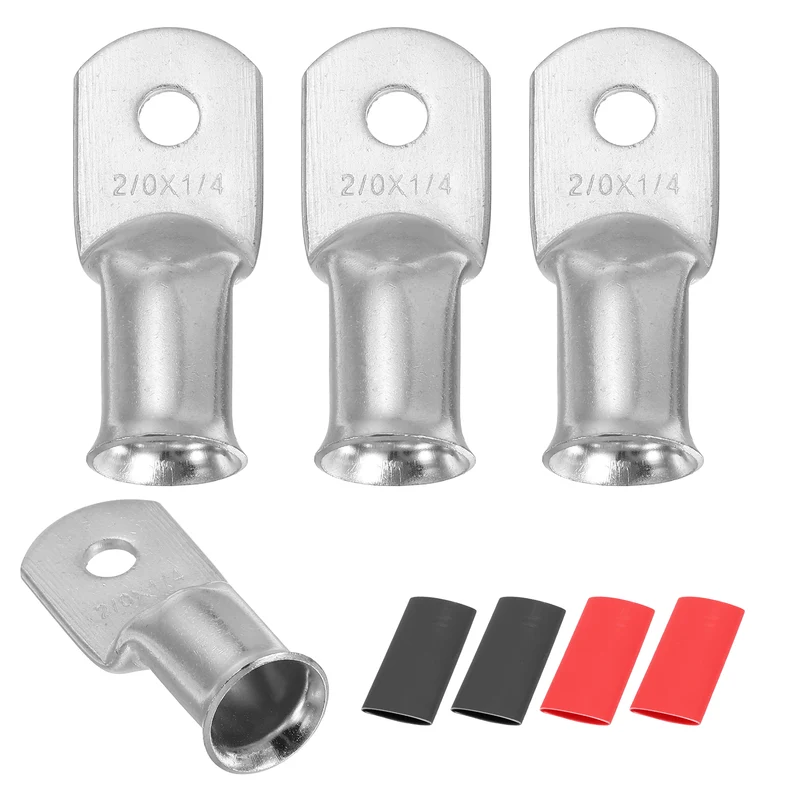 4 Pcs 1/4" Stud 2/0AWG Battery Lug Ring Terminal with 4pcs Heat Shrink, Silver