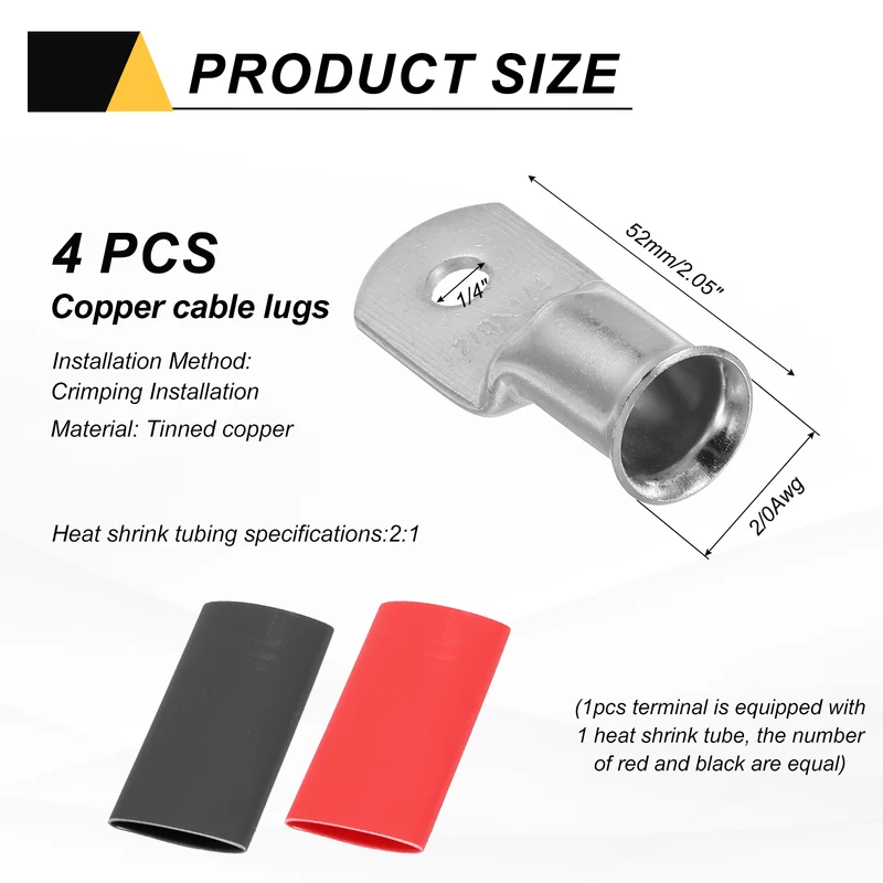 4 Pcs 1/4" Stud 2/0AWG Battery Lug Ring Terminal with 4pcs Heat Shrink, Silver