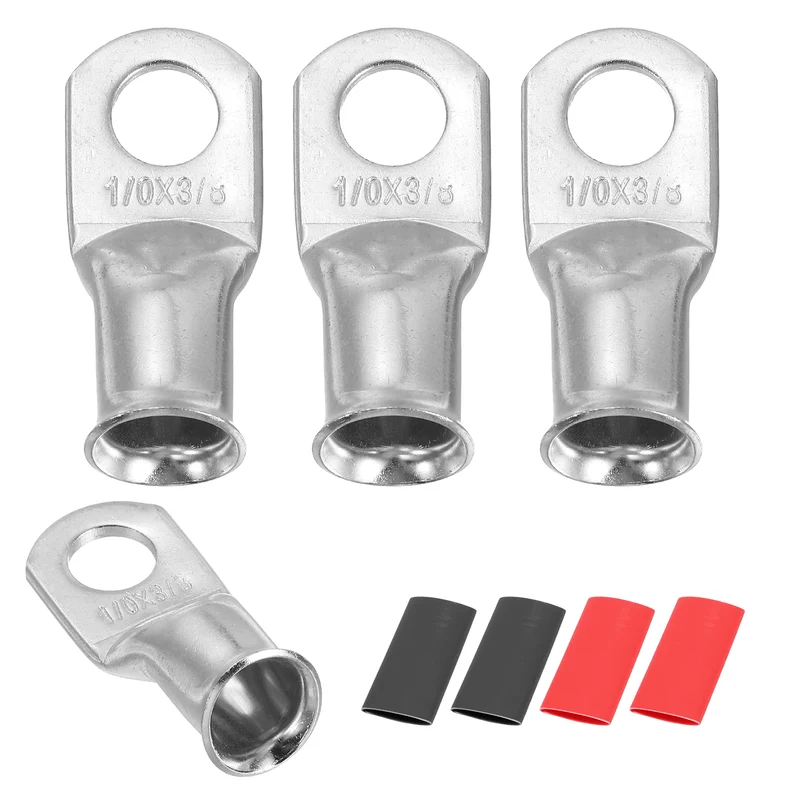 4 Pcs 3/8" Stud 1/0AWG Battery Lug Ring Terminal with 4pcs Heat Shrink, Silver
