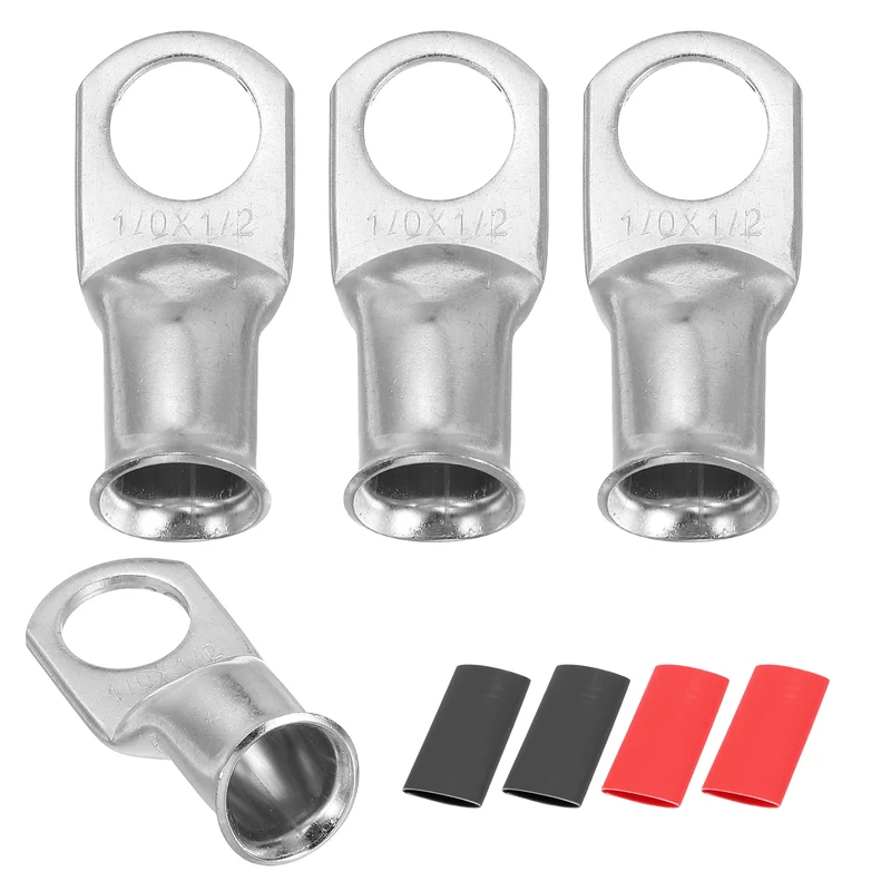 4 Pcs 1/2" Stud 1/0AWG Battery Lug Ring Terminal with 4pcs Heat Shrink, Silver