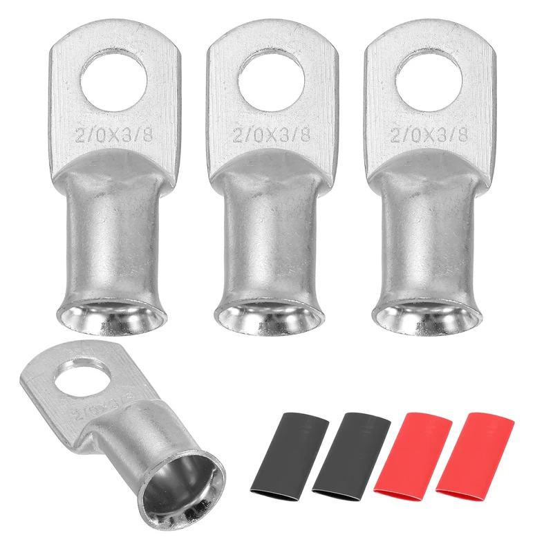 4 Pcs 3/8" Stud 2/0AWG Battery Lug Ring Terminal with 4pcs Heat Shrink, Silver