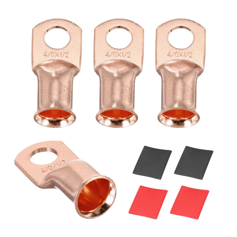 4 Pcs 1/2" Stud 4/0Awg Battery Cable End with 4 pcs 3:1 Heat Shrink