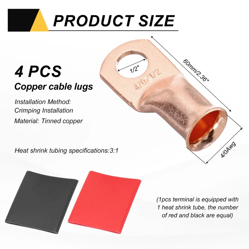 4 Pcs 1/2" Stud 4/0Awg Battery Cable End with 4 pcs 3:1 Heat Shrink