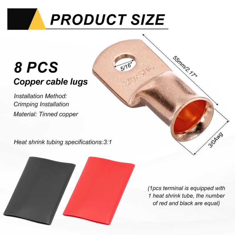 8 Pcs 5/16" Stud 3/0Awg Battery Cable End with 8 pcs 3:1 Heat Shrink