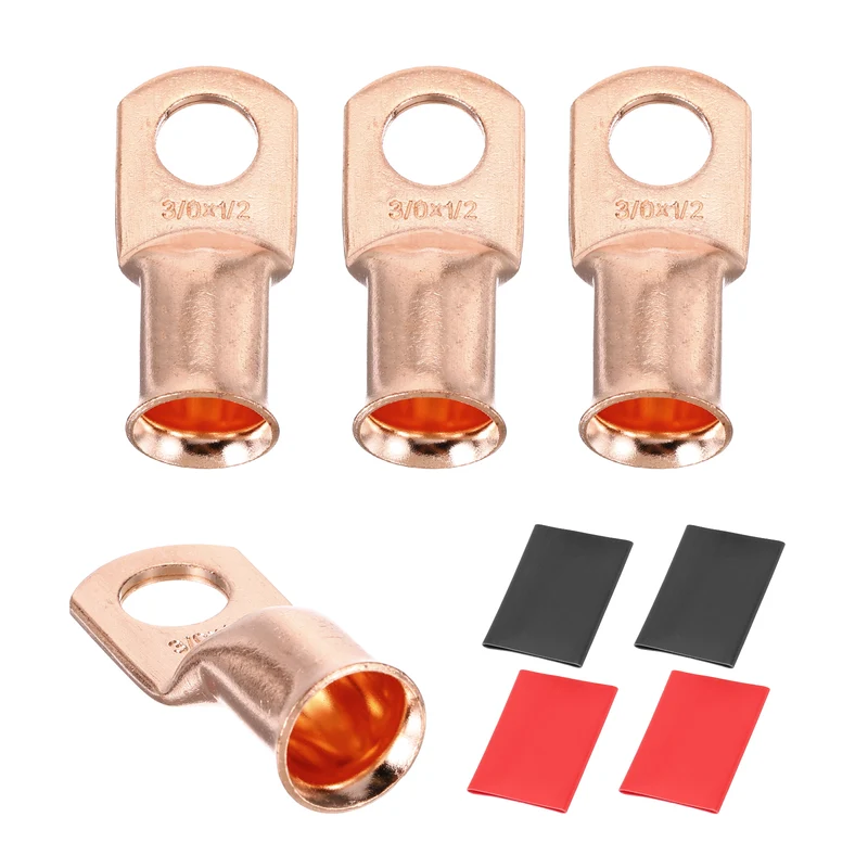 4 Pcs 1/2" Stud 3/0Awg Battery Cable End with 4 pcs 3:1 Heat Shrink