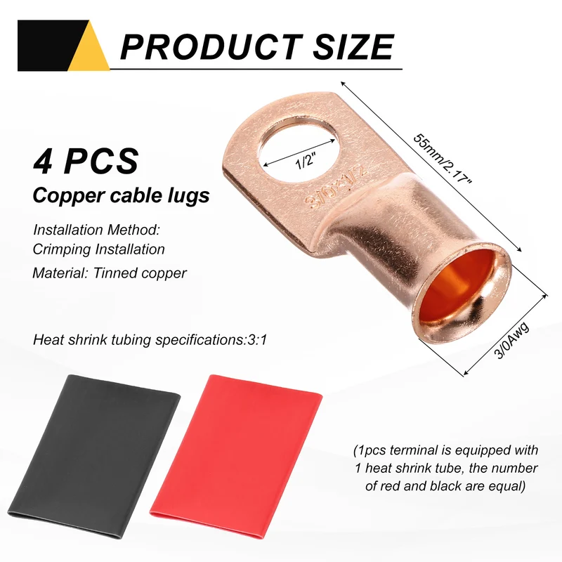 4 Pcs 1/2" Stud 3/0Awg Battery Cable End with 4 pcs 3:1 Heat Shrink