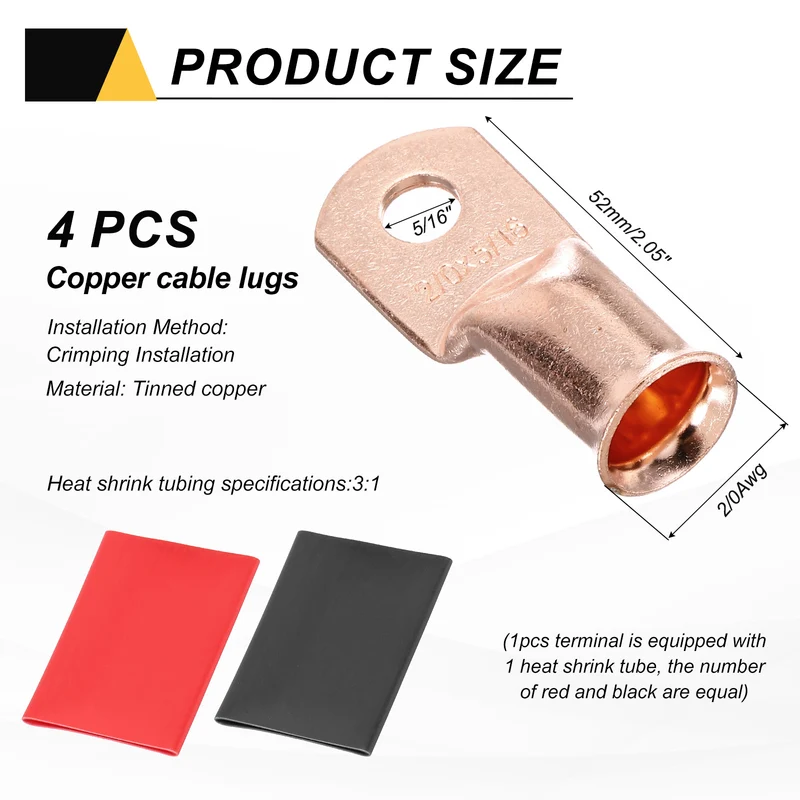4 Pcs 5/16" Stud 2/0Awg Battery Cable End with 4 pcs 3:1 Heat Shrink