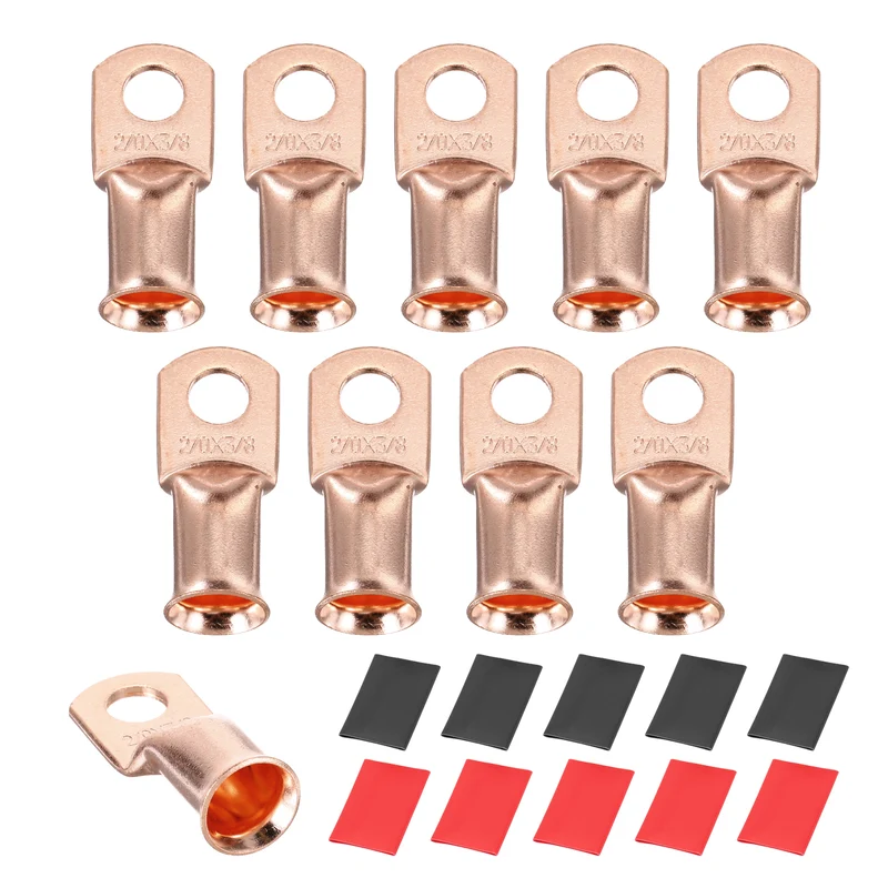 10 Pcs 3/8" Stud 2/0Awg Battery Cable End with 10 pcs 3:1 Heat Shrink