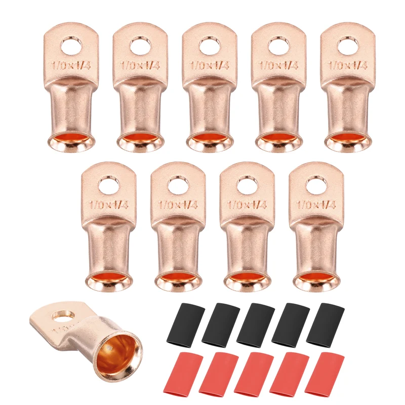 10 Pcs 1/4" Stud 1/0Awg Battery Cable End with 10 pcs 3:1 Heat Shrink