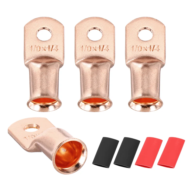 4 Pcs 1/4" Stud 1/0Awg Battery Cable End with 4 pcs 3:1 Heat Shrink