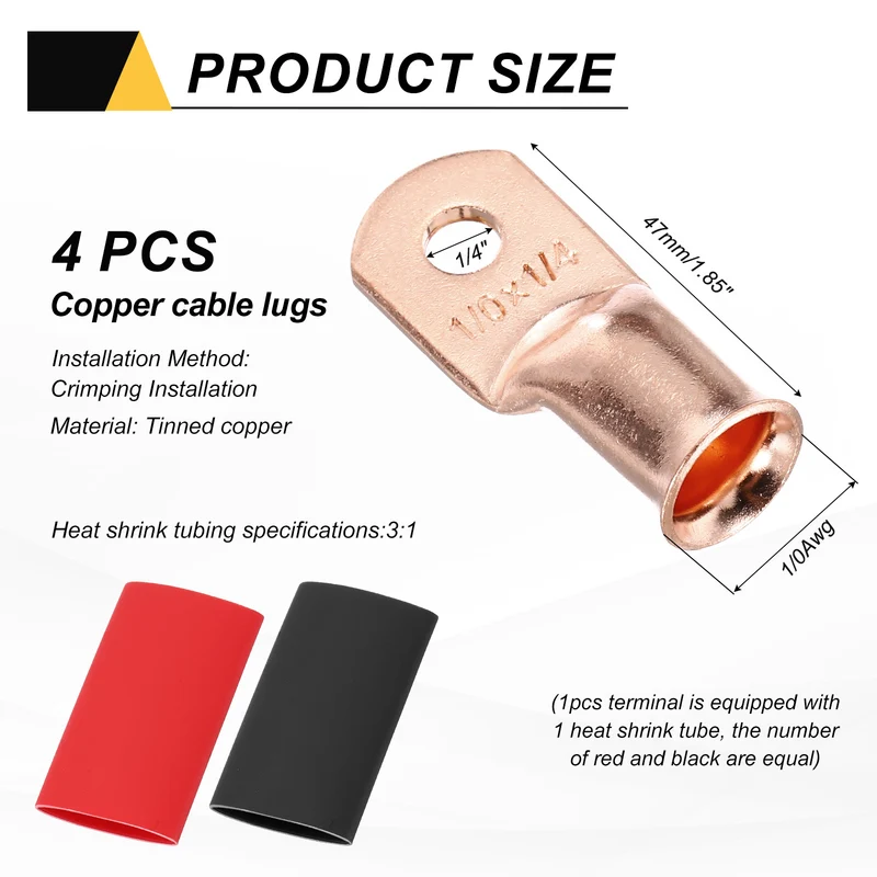 4 Pcs 1/4" Stud 1/0Awg Battery Cable End with 4 pcs 3:1 Heat Shrink