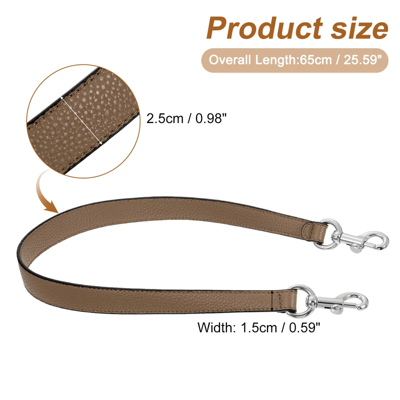 25.59 Inch PU Leather Short Bag Strap with Clasp, Dark Khaki, Silver Buckle