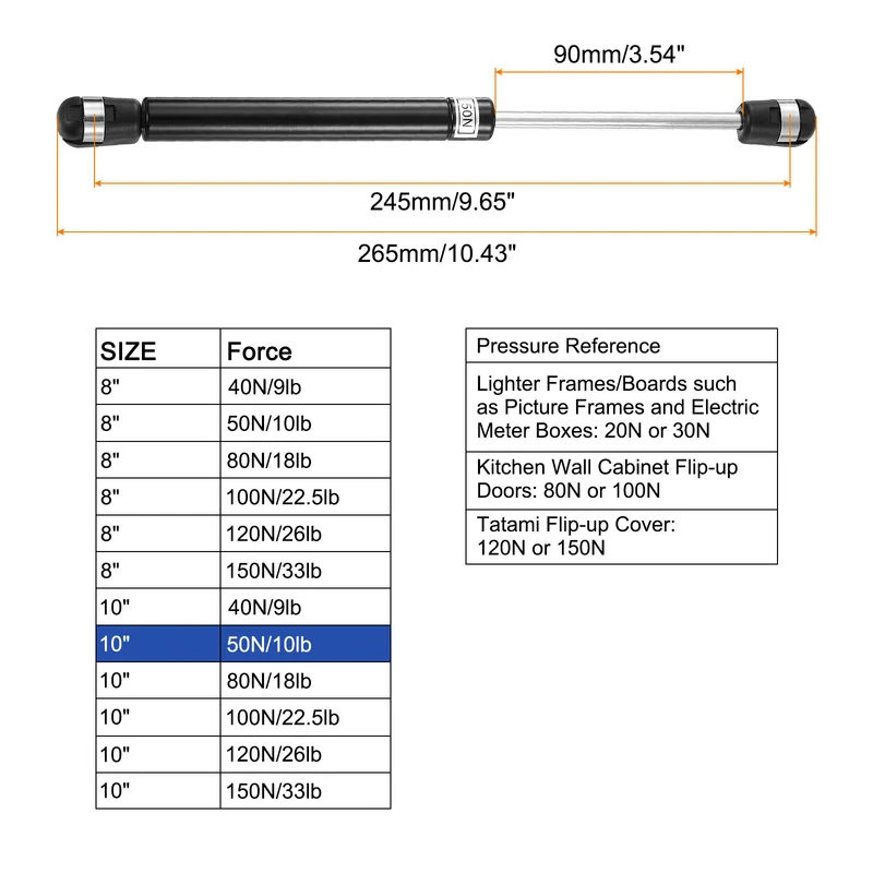 10 Inch 50N/10lb Gas Shock Strut Lift Support, (Black, Set of 4)