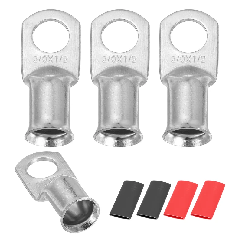 4 Pcs 1/2" Stud 2/0AWG Battery Lug Ring Terminal with 4pcs Heat Shrink, Silver