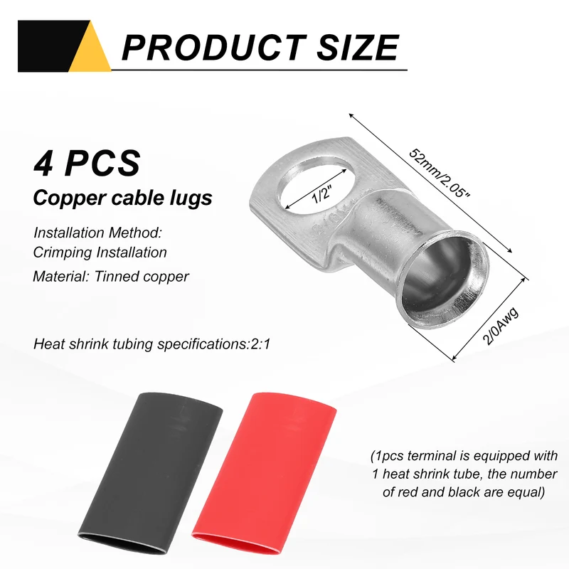 4 Pcs 1/2" Stud 2/0AWG Battery Lug Ring Terminal with 4pcs Heat Shrink, Silver